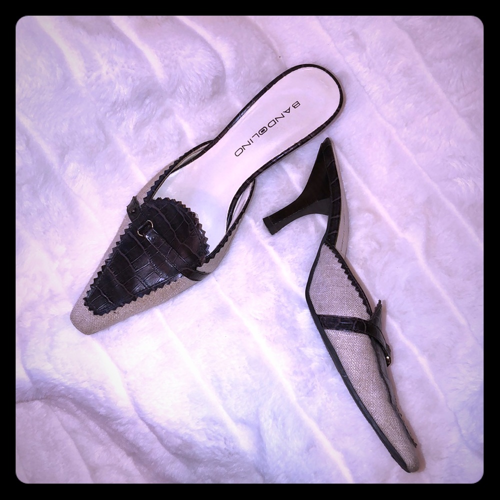 Bandolino canvas and croc panel mules